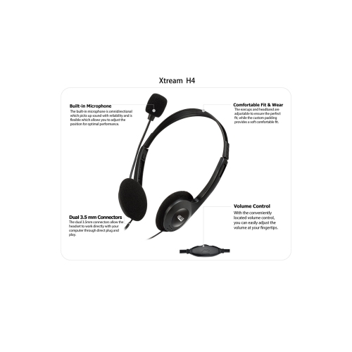 Adesso Xtream H4 Stereo Headset | Wired, Dual 3.5mm Jacks, Adjustable Fit, Omni-Directional Mic, Volume Control | Perfect for Call Centers, Offices &