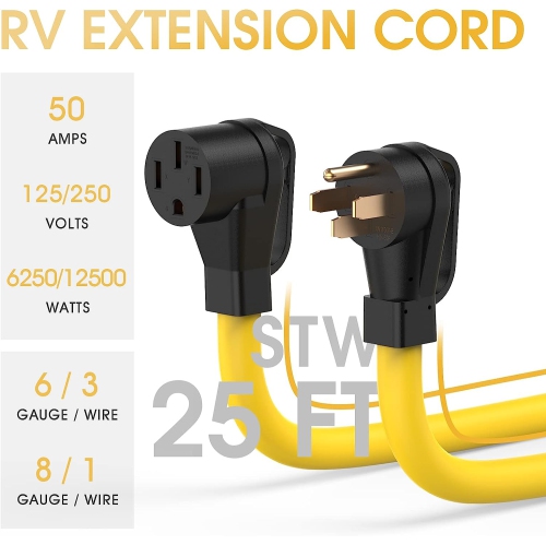 KUNOVA 25FT 7.5M RV EV Electric Vehicle Extension Cord NEMA 14-50P to 14-50R 50A 50 Amp Power Supply Cable with Grip Handles and Cord Organizer