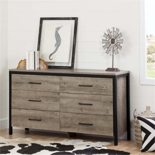 South Shore Munich 6-Drawer Double Dresser, Weathered Oak and Matte Black