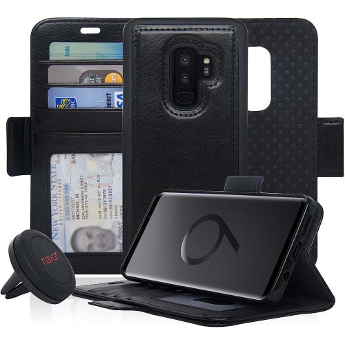 Navor Universal Car Mount & Detachable Magnetic Wallet Case with RFID Protection Compatible for Samsung Galaxy S9 Plus [Vajio Series] - Black