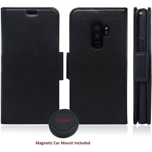 Navor Universal Car Mount & Detachable Magnetic Wallet Case with RFID Protection Compatible for Samsung Galaxy S9 Plus [Vajio Series] - Black