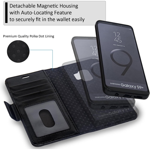 Navor Universal Car Mount & Detachable Magnetic Wallet Case with RFID Protection Compatible for Samsung Galaxy S9 Plus [Vajio Series] - Black
