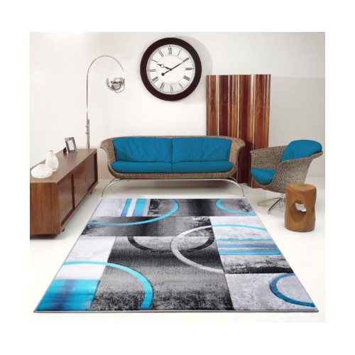 LA Dole Geometric Black Grey Blue Polypropylene Carpet 6'5" x 9'5" Rectangle Area Rug - Black/Grey/Blue