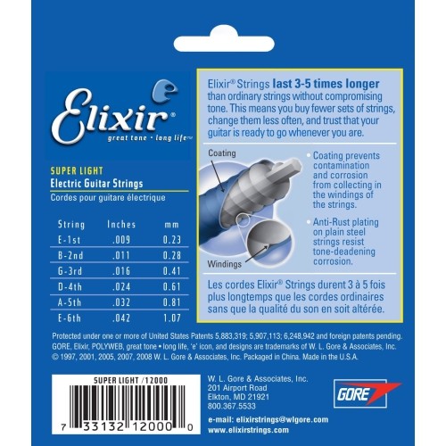Elixir Strings Electric Guitar Strings, 6 String, Super Light POLYWEB Coating 12000