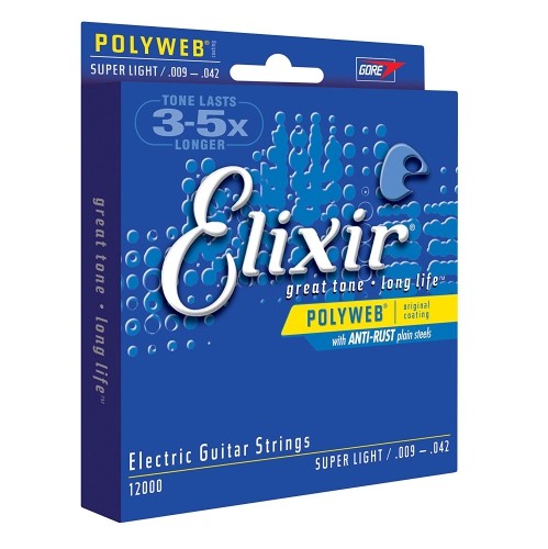 Elixir Strings Electric Guitar Strings, 6 String, Super Light POLYWEB Coating 12000