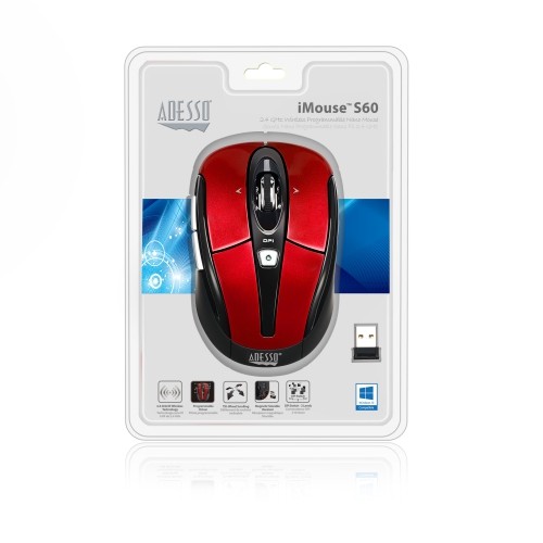 Adesso S60 1600 dpi Wireless Optical Gaming Mouse - Red -