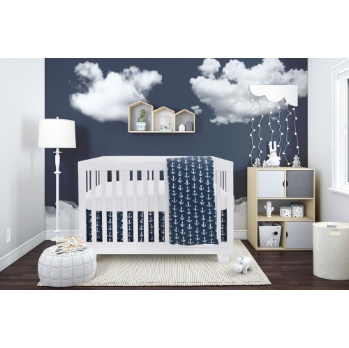 Literie de lit de bébé Belelo pour filles et garçons, bleu marine et blanc Anchors Design – Ensemble de 4 pièces