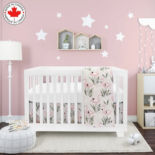 Bebelelo Baby Crib Bedding For Girls And Boys, Pink and White Flamingo Design - 4-Piece Set