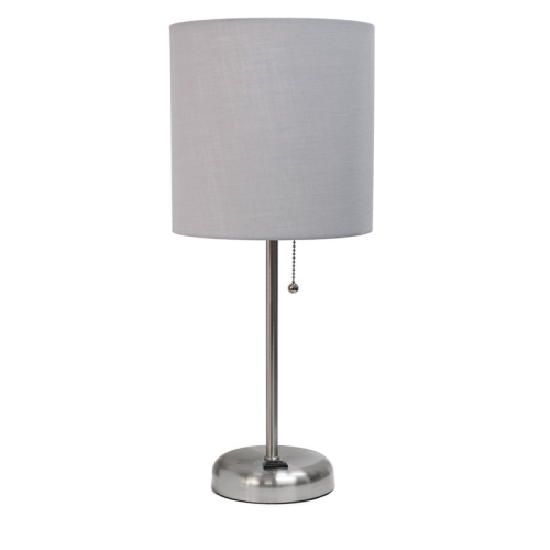 LimeLights Decorative Stick Lamp with Charging Outlet and Fabric Shade, Grey