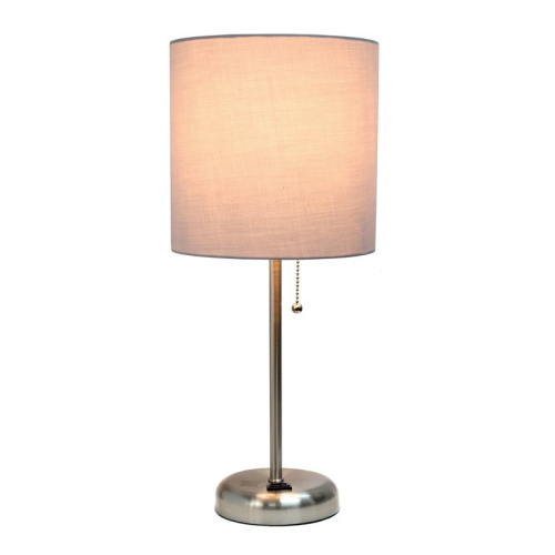 LimeLights Decorative Stick Lamp with Charging Outlet and Fabric Shade, Grey