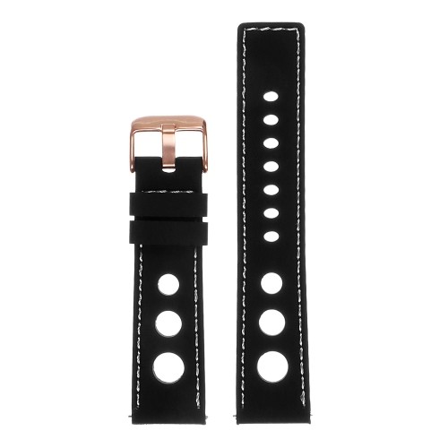 StrapsCo Silicone Rubber GT Rally Racing Watch Band w/ Rose Gold Buckle - Quick Release Strap - 18mm Black & White