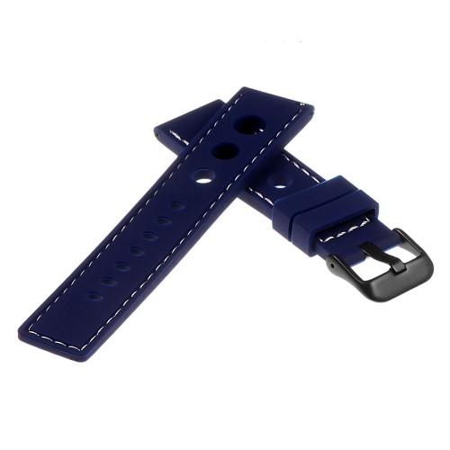 StrapsCo Silicone Rubber GT Rally Racing Watch Band w/ Black Buckle - Quick Release Strap - 24mm Blue & White