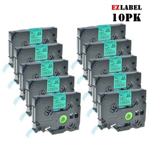 10 PK EZlabel TZE731 TZE-731 compatible Black on Green laminated tape for Brother P-Touch printer, 12mm x 8m