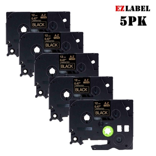 5 PK EZlabel TZE334 TZE-334 compatible Gold on Black laminated tape for Brother P-Touch printer, 12mm x 8m