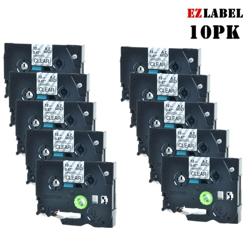 10 PK EZlabel TZE131 TZE-131 compatible Black on clear laminated tape for Brother P-Touch printer, 12mm x 8m