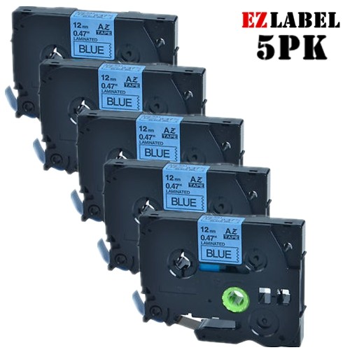 5 PK EZlabel TZE531 TZE-531 compatible Black on blue laminated tape for Brother P-Touch printer, 12mm x 8m