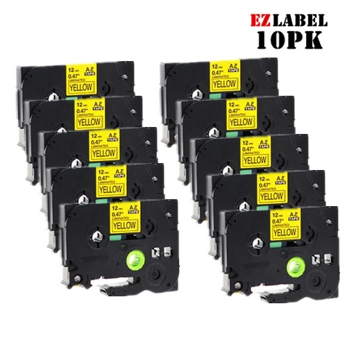 10 PK EZlabel TZE631 TZE-631 compatible Black on Yellow laminated tape for Brother P-Touch printer, 12mm x 8m