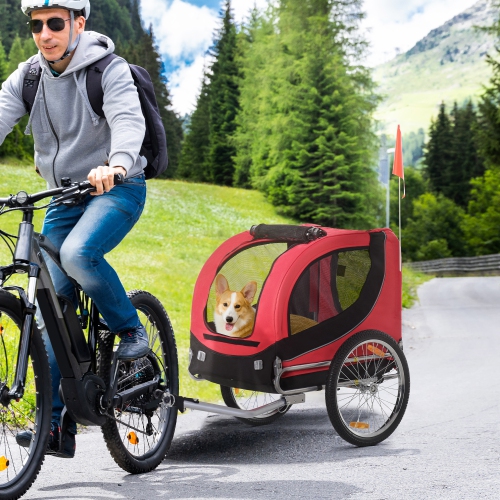 Aosom Dog Bike Trailer, Pet Cart Bicycle, Wagon Cargo Carrier Attachment with Hitch, Reflectors, Flag for Medium Dogs, Pet Wheelchair for Travelling,