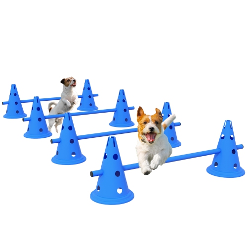 PawHut Set of 4 Dog Agility Hurdle Cone Set Agility Training Equipment 8 Cones 4 Rods Starter Kit with carrying bag Blue