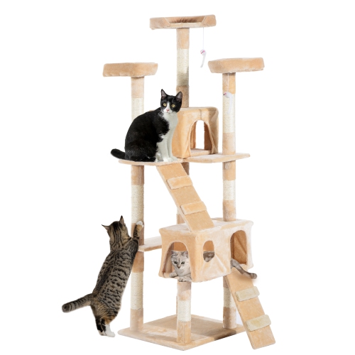 PAWHUT  68 Inches Cat Tree, Multi-Level Large Cat Tower Condo With Scratching Posts, Perches, Cat Houses, Dangling Toy In Beige