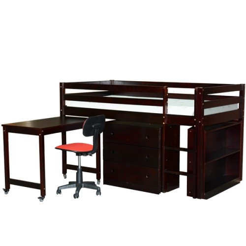 Junior Twin Low Loft Bed with Desk, Chest, and Bookcase