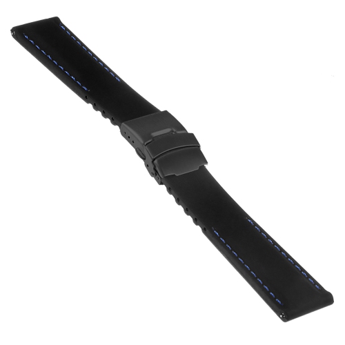 StrapsCo Rubber Watch Band with Stitching & Matte Black Deployant Clasp - Quick Release Strap - 24mm Black & Blue