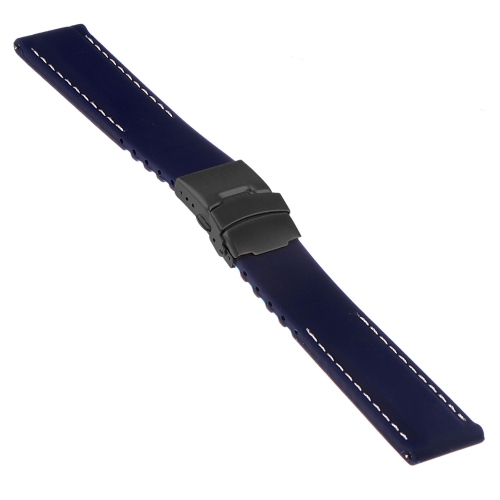 StrapsCo Rubber Watch Band with Stitching & Matte Black Deployant Clasp - Quick Release Strap - 18mm Blue & White