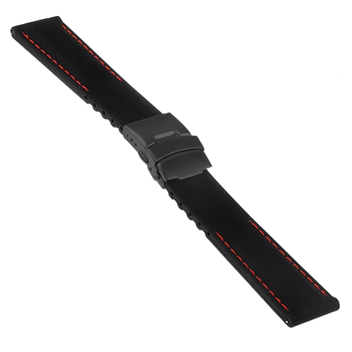 StrapsCo Rubber Watch Band with Stitching & Matte Black Deployant Clasp - Quick Release Strap - 18mm Black & Red