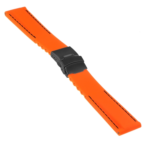 StrapsCo Rubber Watch Band with Stitching & Matte Black Deployant Clasp - Quick Release Strap - 24mm Orange & Black