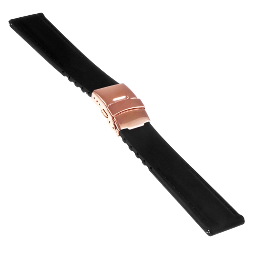 StrapsCo Bracelet de Montre à Dégagement Rapide en Caoutchouc avec Coutures et Boucle Déployante en Or Rose - 20mm Noir