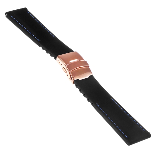 StrapsCo Rubber Watch Band with Stitching & Rose Gold Deployant Clasp - Quick Release Strap - 20mm Black & Blue
