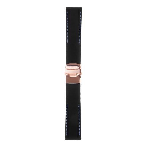 StrapsCo Rubber Watch Band with Stitching & Rose Gold Deployant Clasp - Quick Release Strap - 20mm Black & Blue