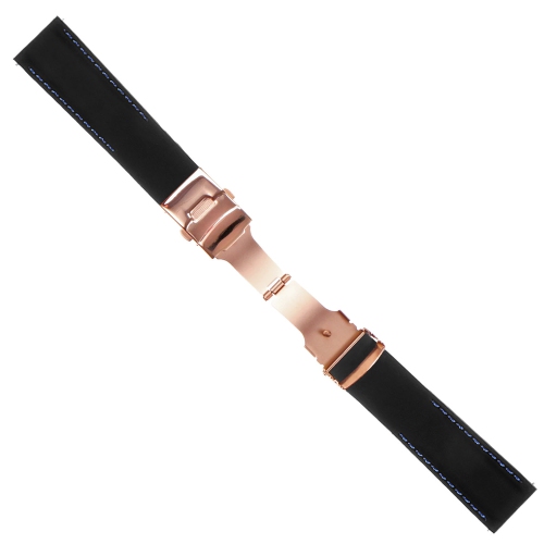 StrapsCo Rubber Watch Band with Stitching & Rose Gold Deployant Clasp - Quick Release Strap - 20mm Black & Blue