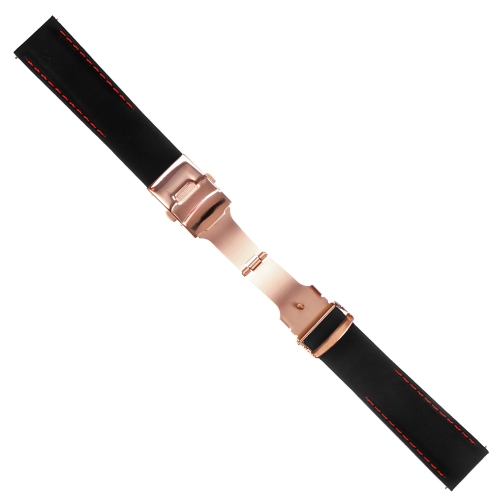 StrapsCo Rubber Watch Band with Stitching & Rose Gold Deployant Clasp - Quick Release Strap - 22mm Black & Red