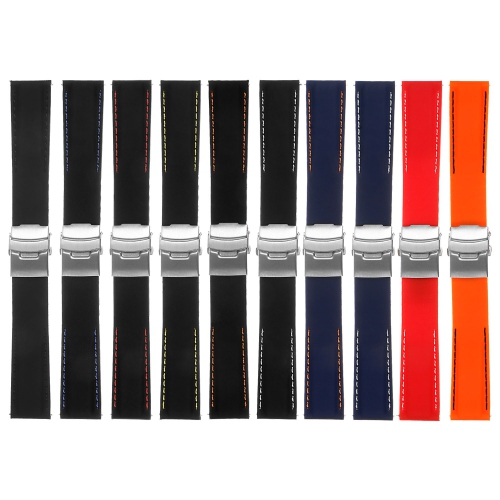 StrapsCo Rubber Watch Band with Stitching & Deployant Clasp - Quick Release Strap - 22mm Black & Orange