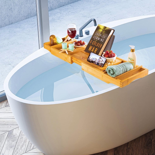 Plateau de baignoire en bambou de luxe - panier de bain extensible et antidérapant avec livre/tablette et porte-verre à vin - excellente idée cadeau