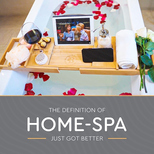 Plateau de baignoire en bambou de luxe - panier de bain extensible et antidérapant avec livre/tablette et porte-verre à vin - excellente idée cadeau