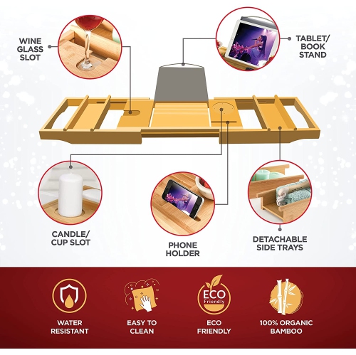 Plateau de baignoire en bambou de luxe - panier de bain extensible et antidérapant avec livre/tablette et porte-verre à vin - excellente idée cadeau