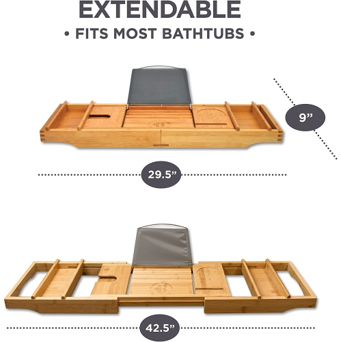 Plateau de baignoire en bambou de luxe - panier de bain extensible et antidérapant avec livre/tablette et porte-verre à vin - excellente idée cadeau