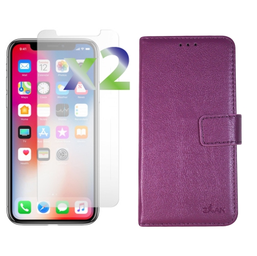 2 protecteurs d’écran d’Exian pour iPhone X et portefeuille en cuir de polyuréthane violet