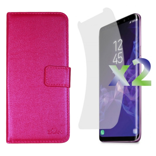 Exian Samsung Galaxy S9 Screen Protectors X 2 and PU Leather Wallet Hot Pink