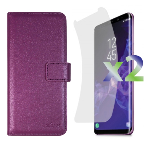 Exian Samsung Galaxy S9 Plus Screen Protectors X 2 and PU Leather Wallet Purple