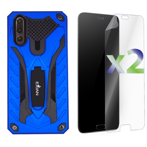 Exian Huawei P 20 Screen Protectors X 2 and Armored Case with Stand Blue