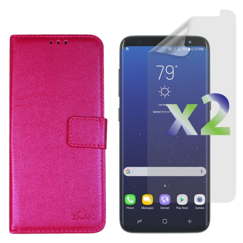 Exian Samsung Galaxy S8 Screen Protectors X 2 and PU Leather Wallet Hot Pink