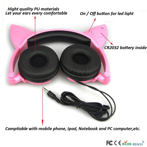 Cat Ear Headphones Over Ear Wired Kids Earphones with Foldable LED Light Flashing Compatible Headset