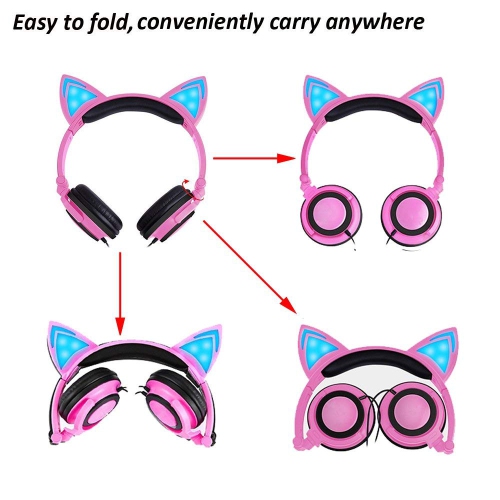 Cat Ear Headphones Over Ear Wired Kids Earphones with Foldable LED Light Flashing Compatible Headset