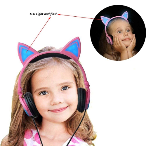 Cat Ear Headphones Over Ear Wired Kids Earphones with Foldable LED Light Flashing Compatible Headset