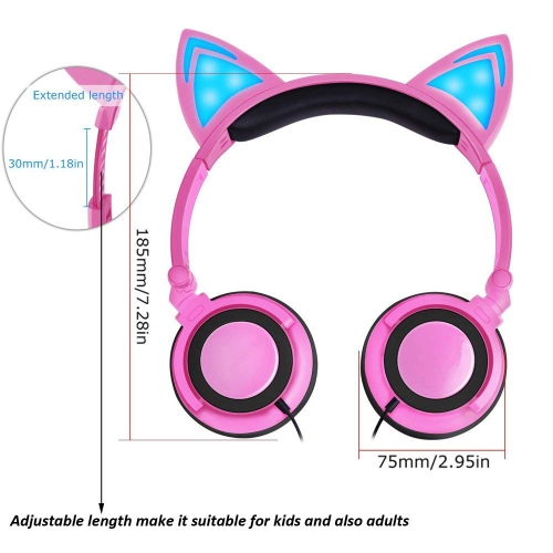 Cat Ear Headphones Over Ear Wired Kids Earphones with Foldable LED Light Flashing Compatible Headset