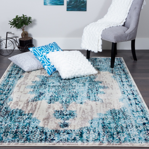 Tapis d'appoint bleu rétro Saville 2 pi 2 po x 3 pi 11 po