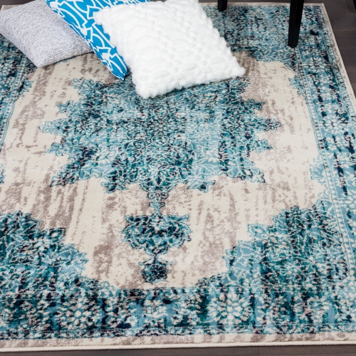 Tapis d'appoint bleu rétro Saville 2 pi 2 po x 3 pi 11 po